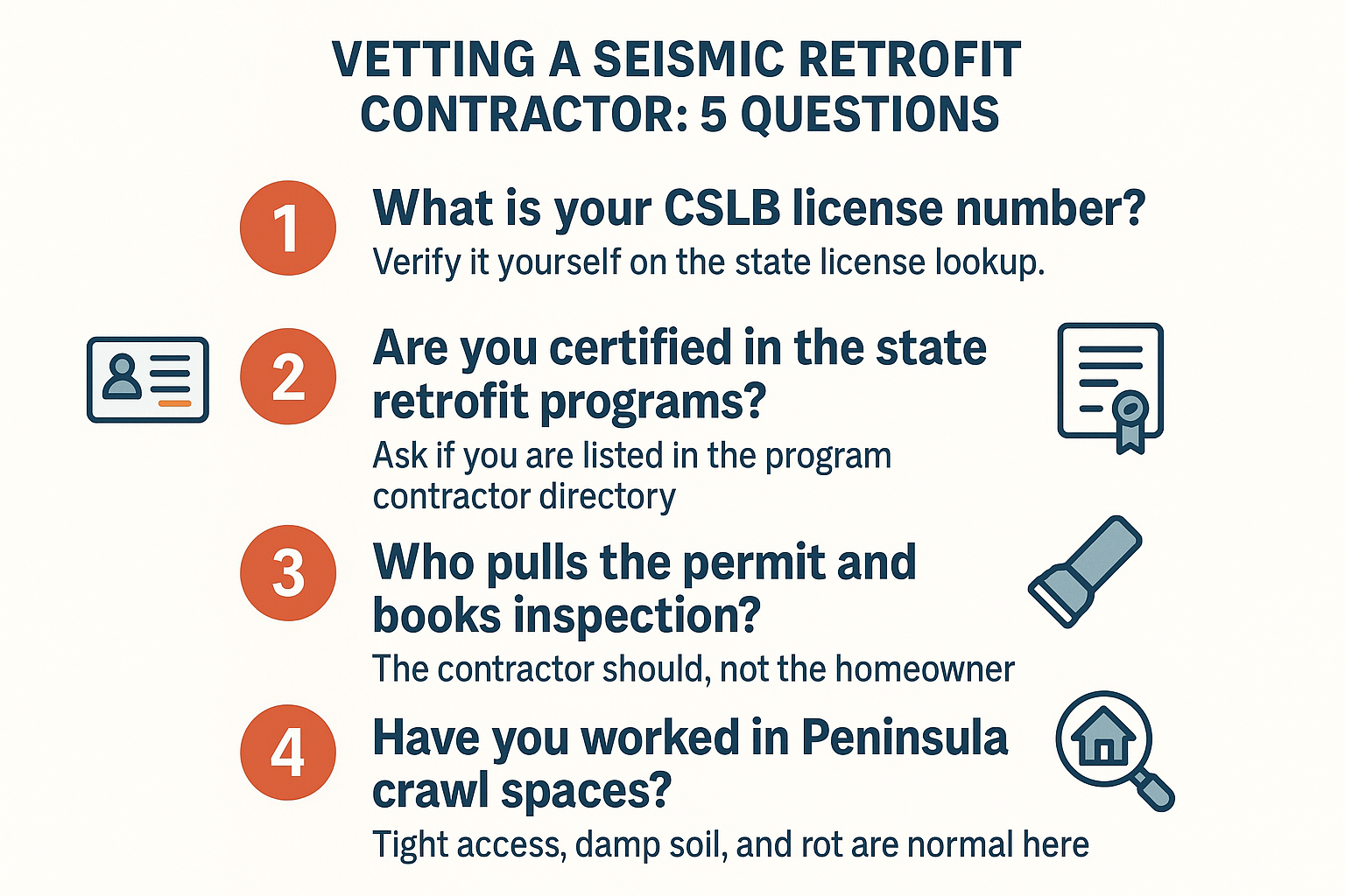 Infographic listing five questions homeowners should ask a seismic retrofit contractor before hiring