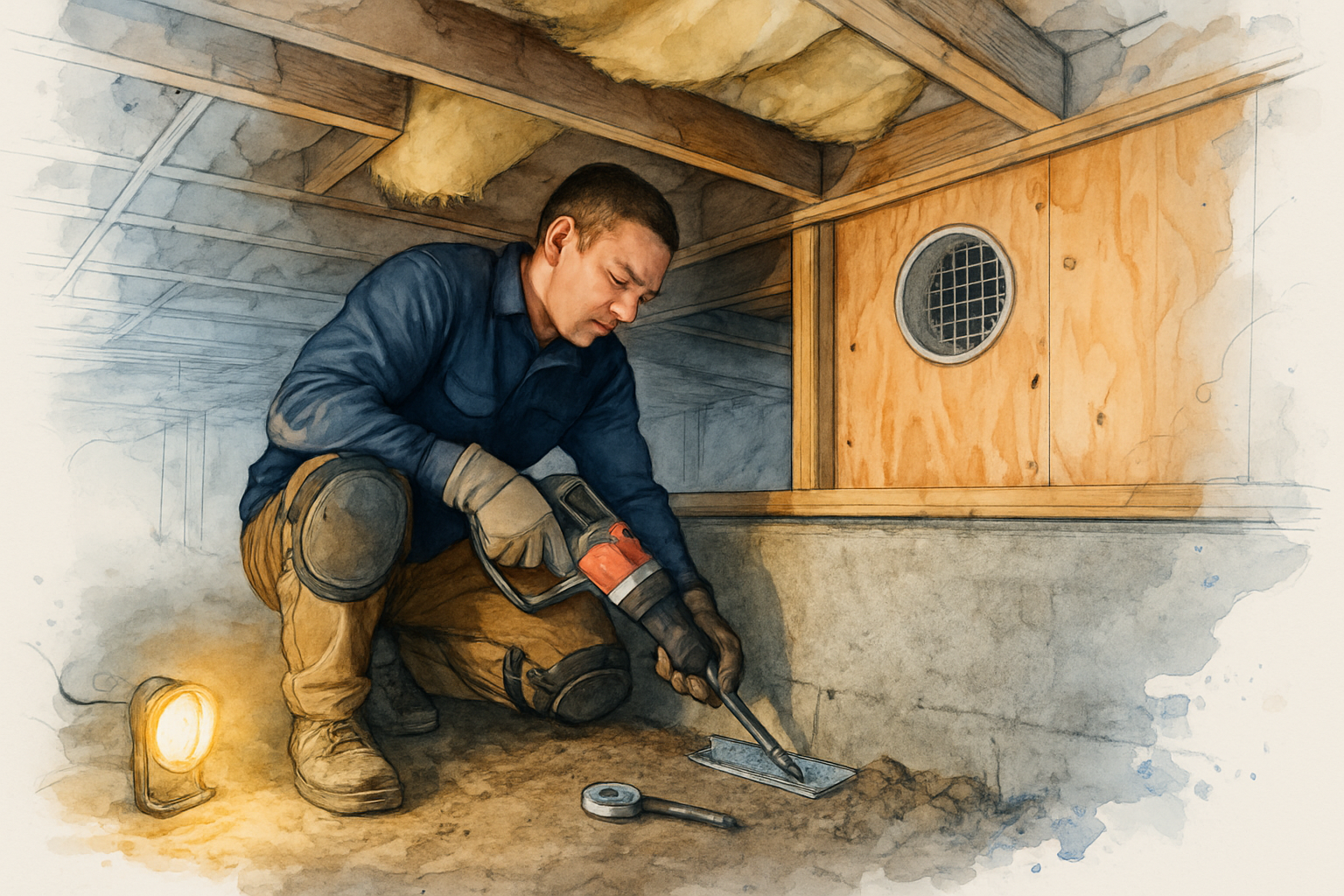 Contractor drilling a mudsill anchor in a crawl space next to a cripple wall braced with new plywood sheathing