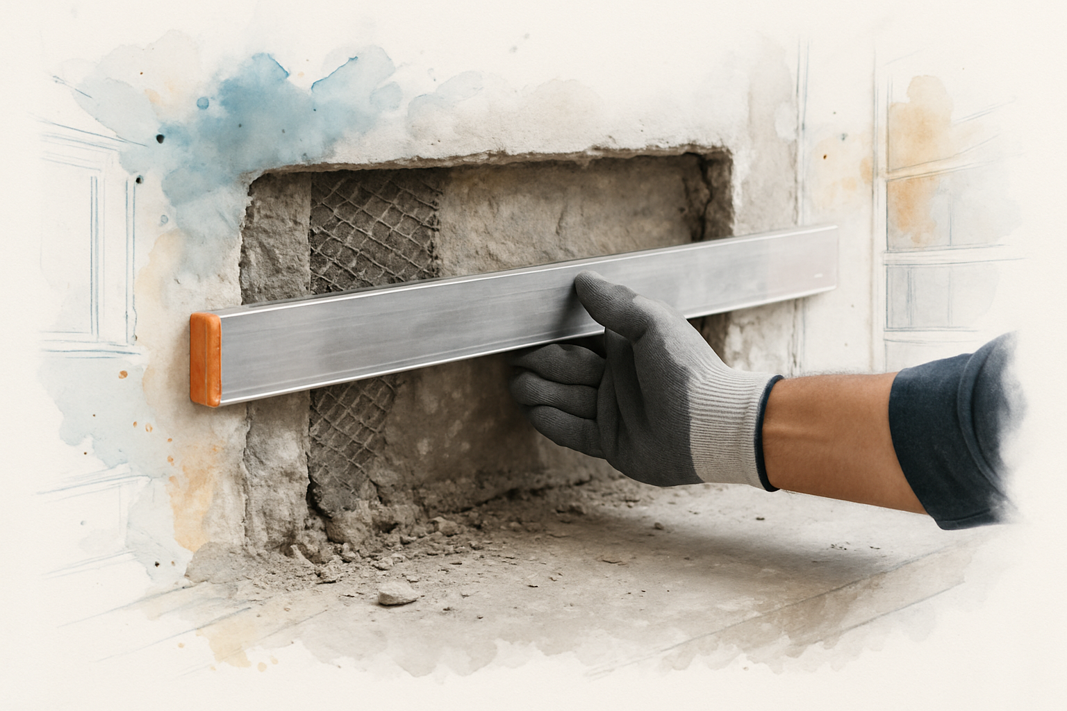Level held against a bare fireplace chase showing an uneven substrate after old stone was removed