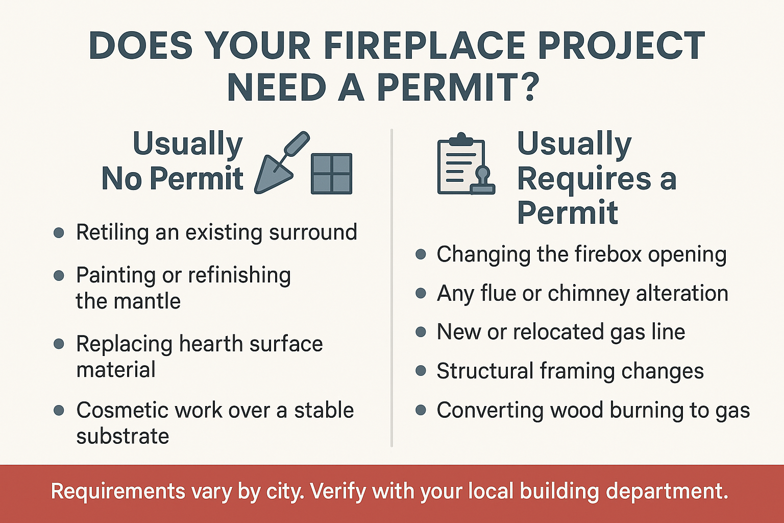 Infographic comparing fireplace work that typically needs a permit versus cosmetic work that does not