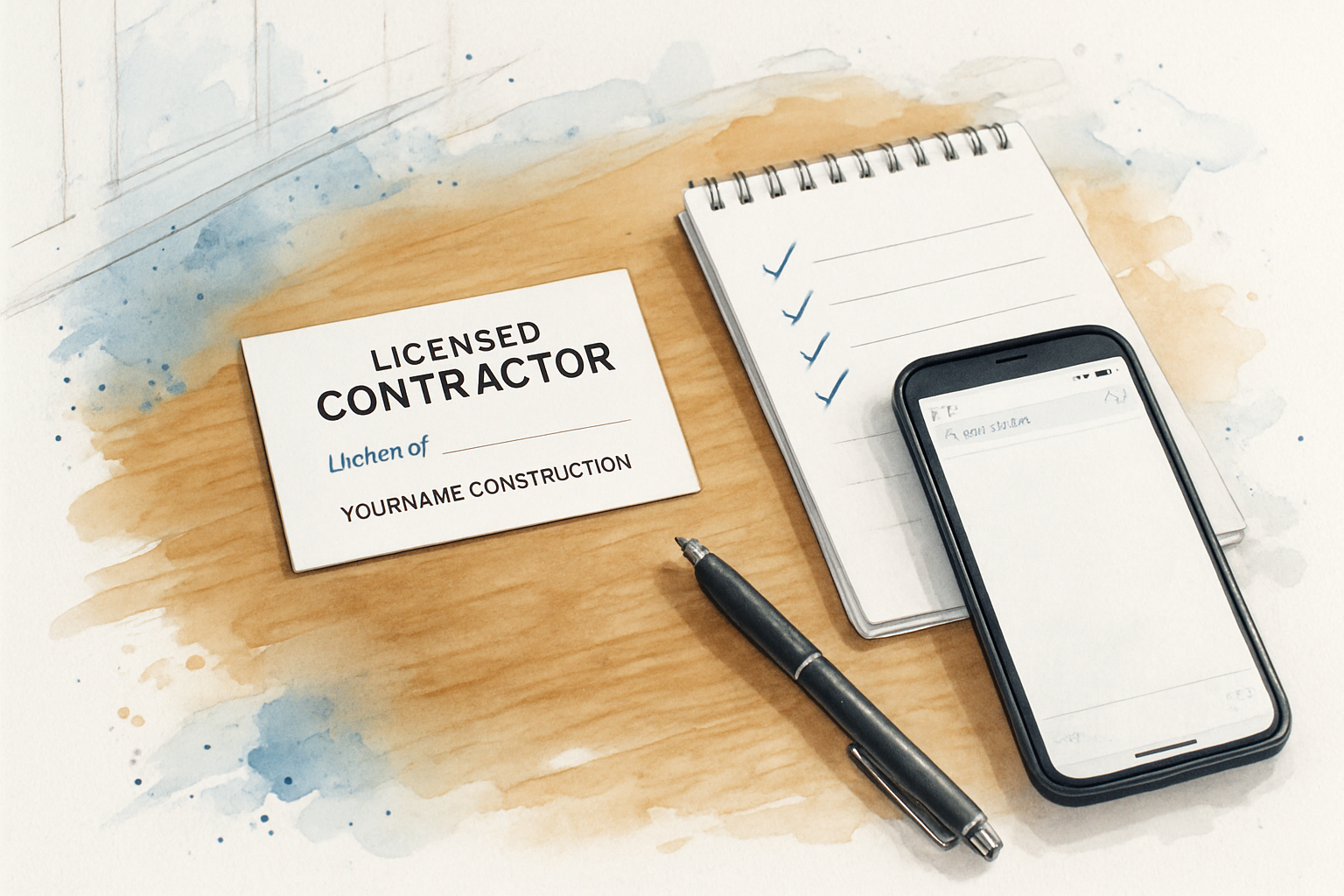 Homeowner's notepad with checkmarks next to a contractor business card and phone during a license verification