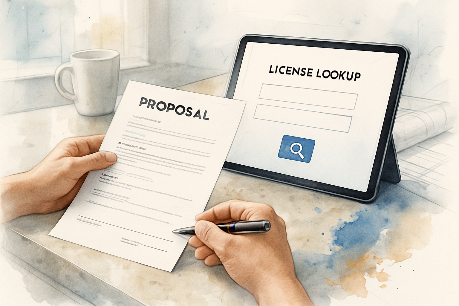 Homeowner reviewing a contractor proposal at a kitchen counter next to a tablet open to a license lookup screen