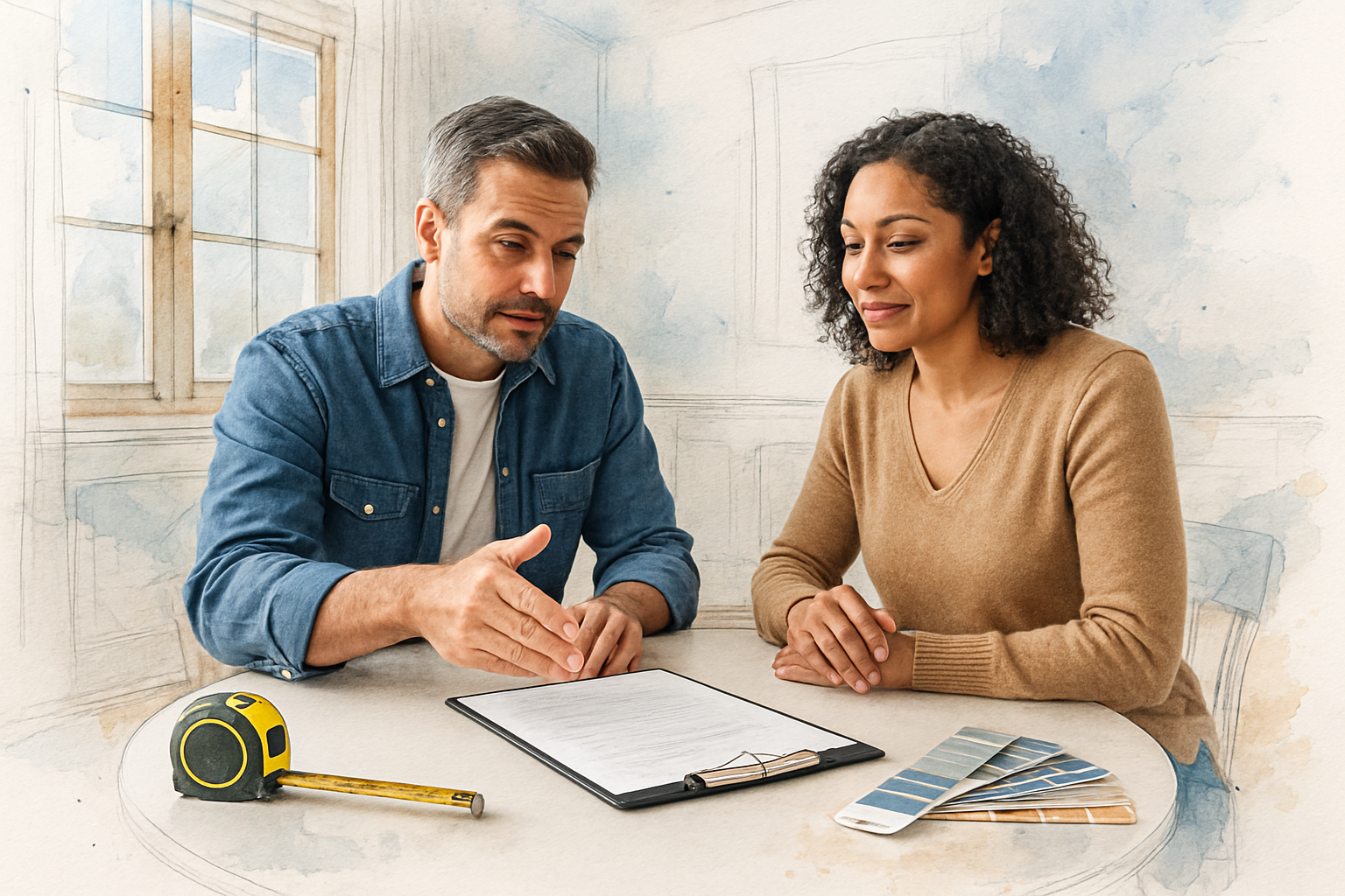Contractor and homeowner reviewing contract pages at a table in an older Monterey Peninsula home