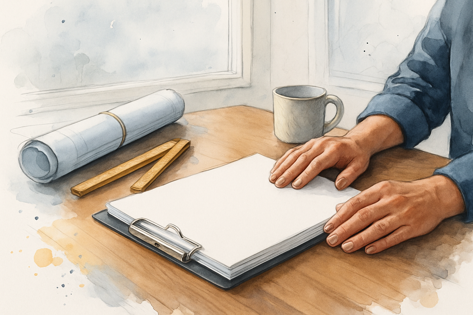 Homeowner's hands on a stack of contract pages beside rolled plans and a folding rule on a kitchen island