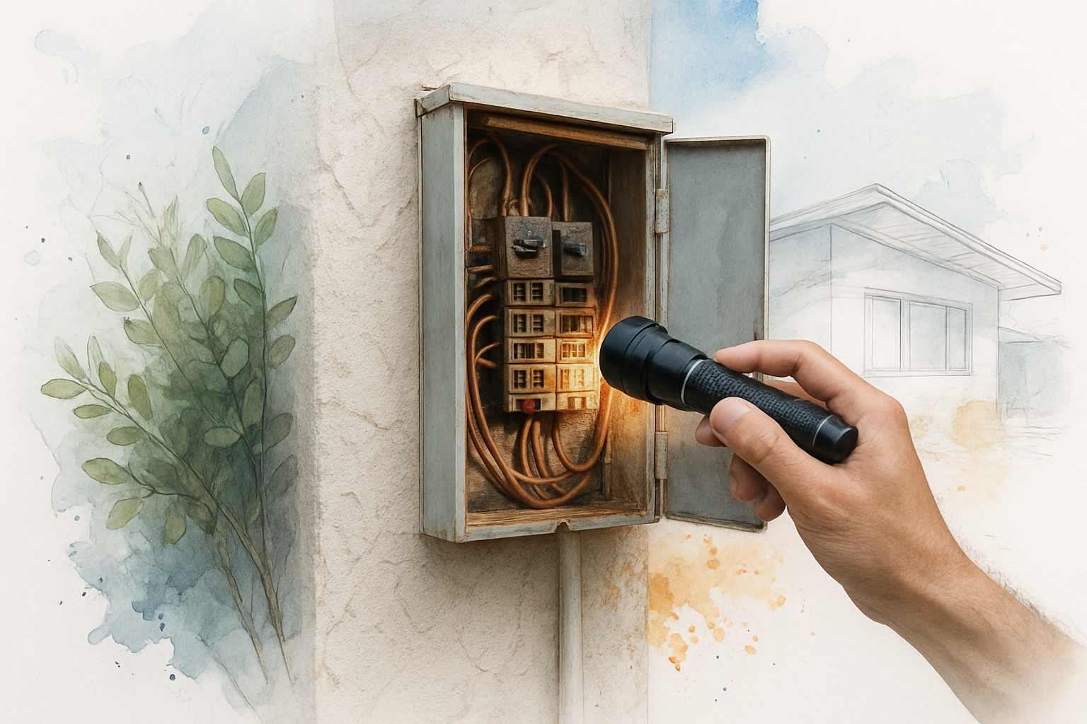 Undersized older electrical panel opened for inspection on a mid-century home exterior wall