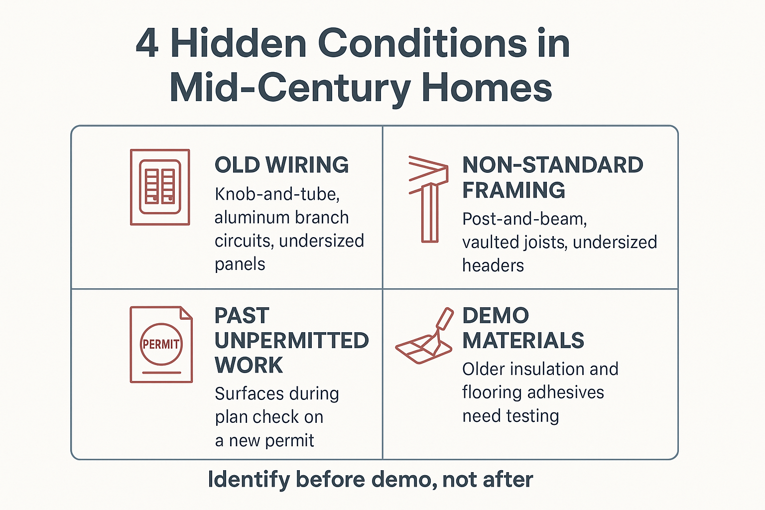 Infographic showing four hidden conditions in mid-century home remodels: wiring, framing, permits, demo materials