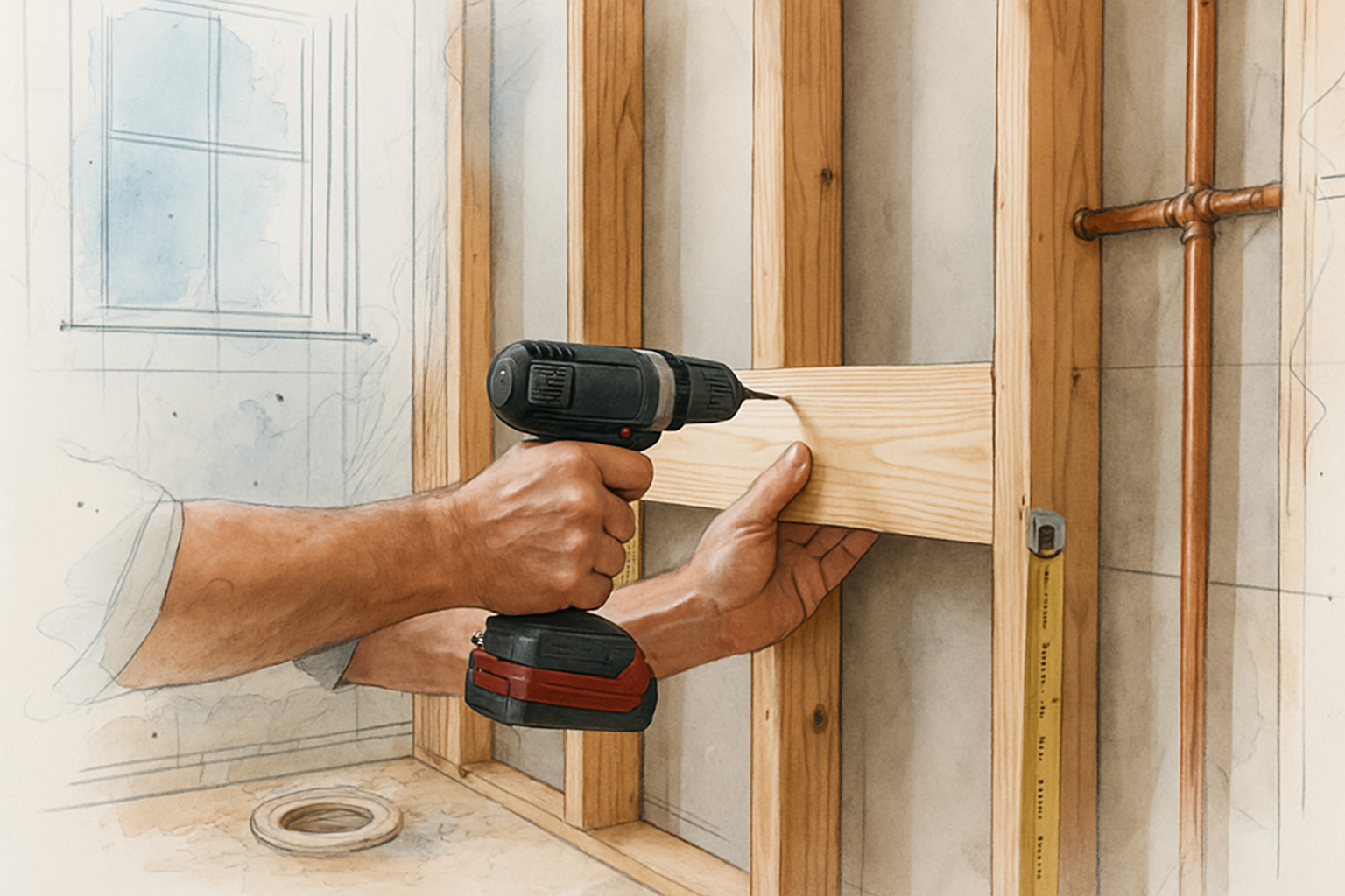 Carpenter installing wall blocking between studs in a gutted bathroom for future grab bar support
