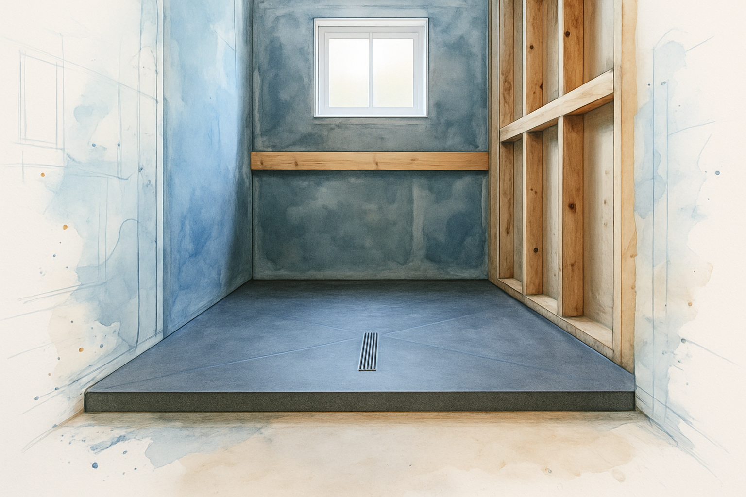 Curbless shower pan and wall blocking during an aging in place in an older home