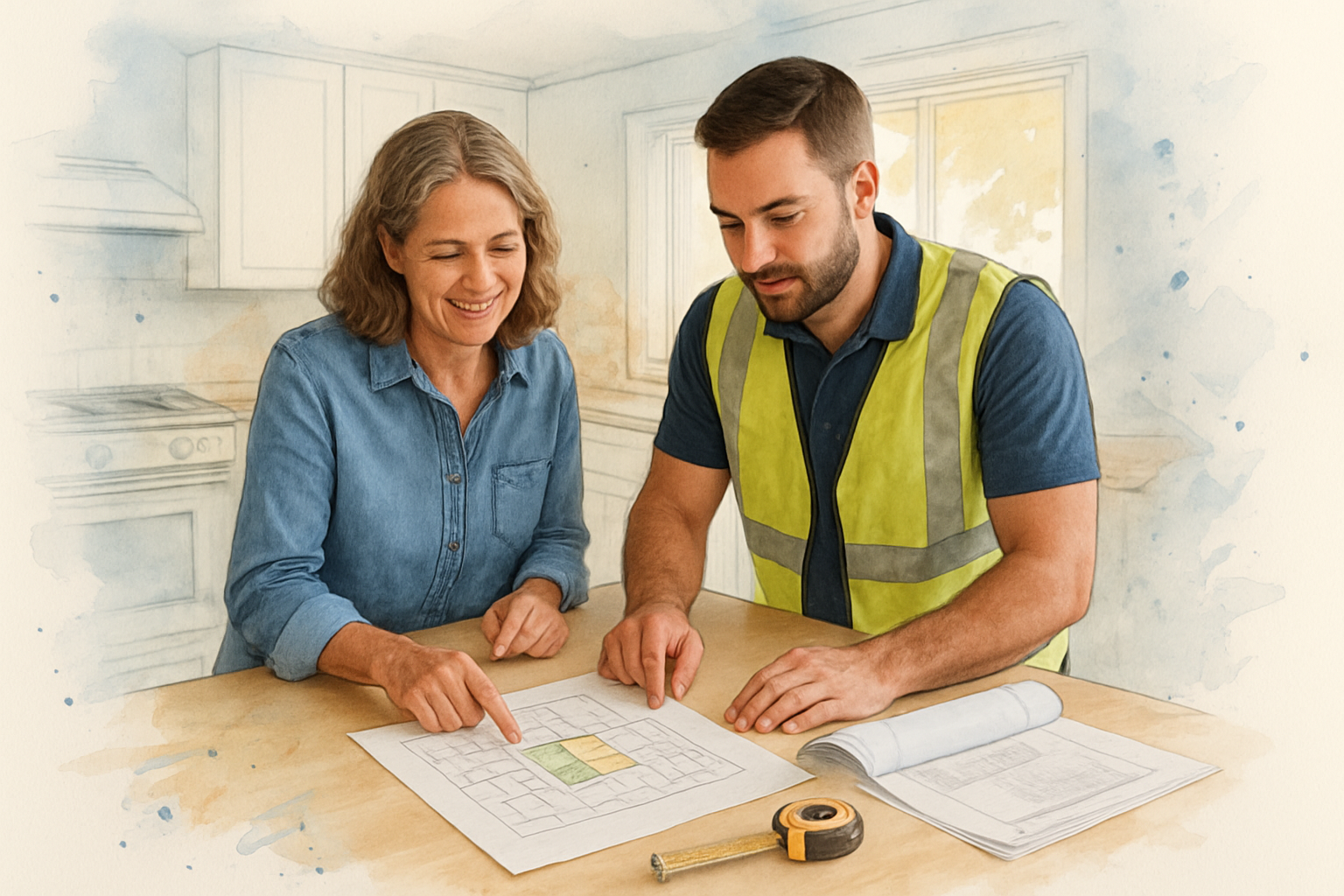 Homeowner and contractor reviewing a Monterey County parcel map at a kitchen table before planning an ADU