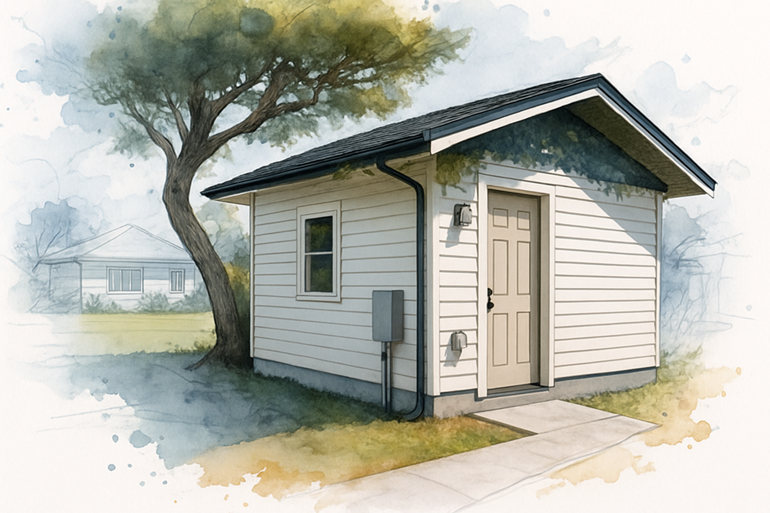 Detached backyard ADU in Monterey County with its own entrance, walkway, and separate exterior utility panel