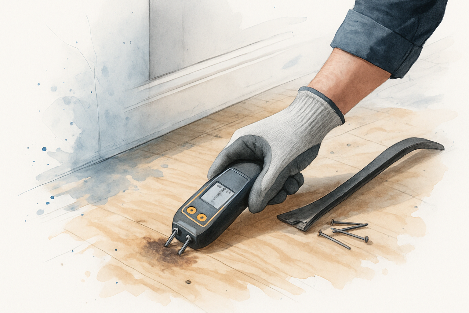 Contractor testing an exposed wood subfloor for moisture near a discolored patch in an older home