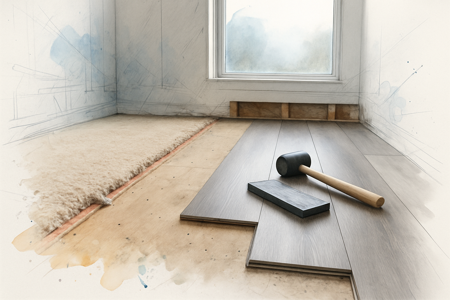 Old carpet pulled back to expose subfloor next to newly installed vinyl plank flooring in a Monterey home