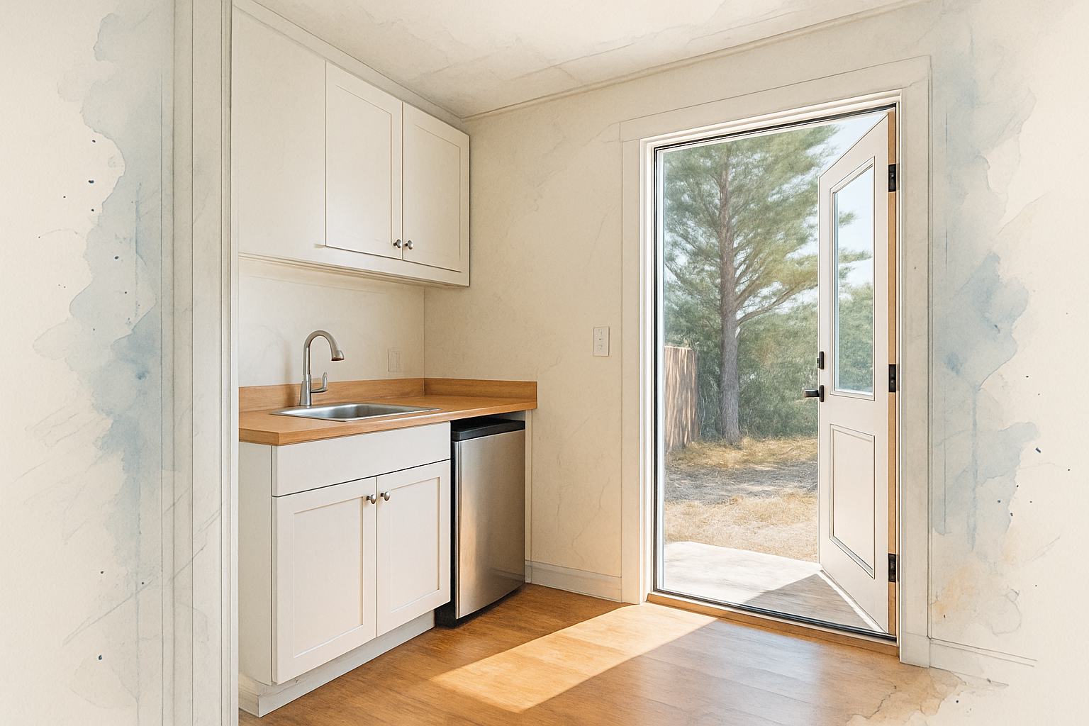 Converted bedroom with a small kitchenette and new exterior door, a junior accessory dwelling unit inside a Monterey home