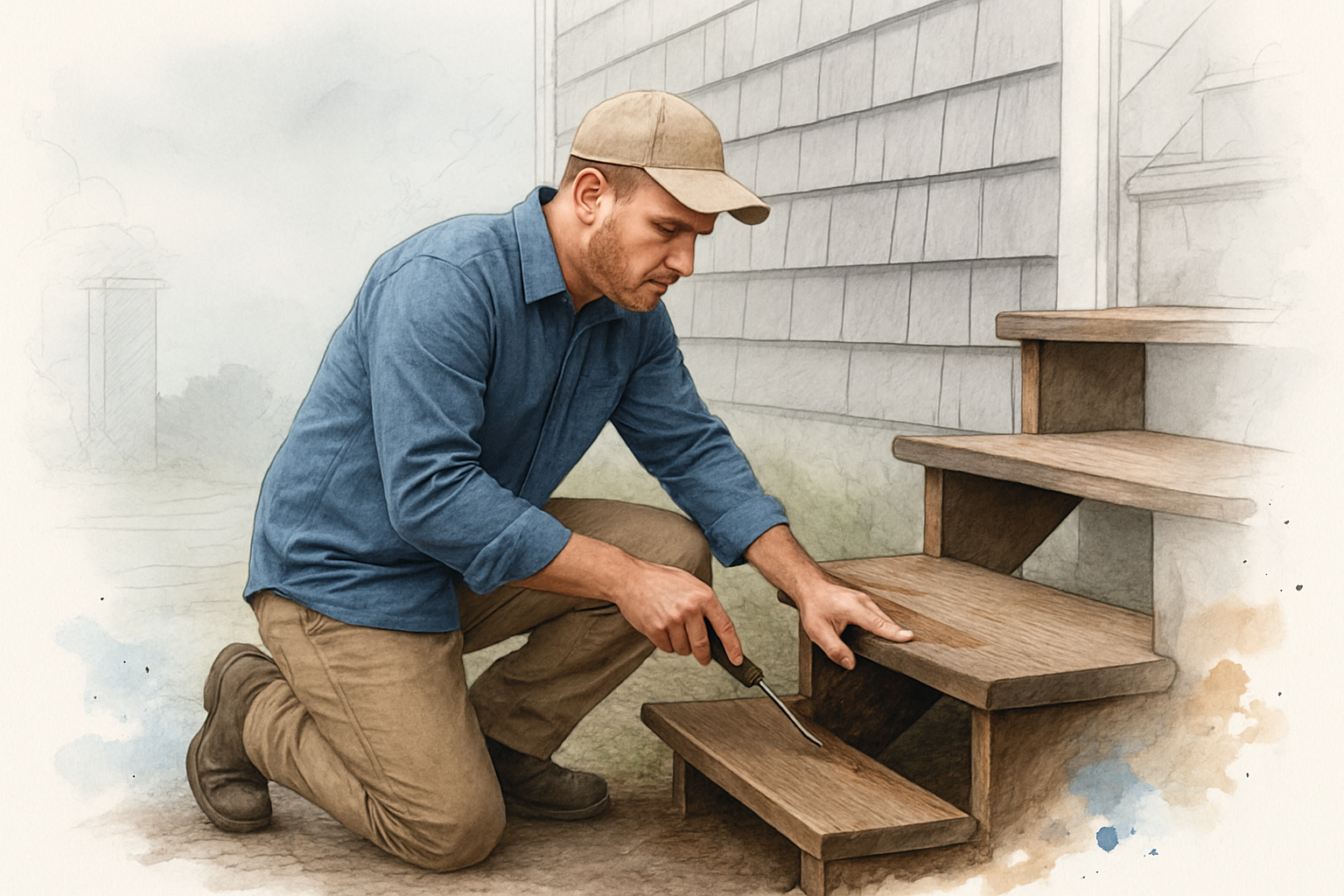 Carpenter probing a soft stair stringer with an awl after removing treads on an older coastal home