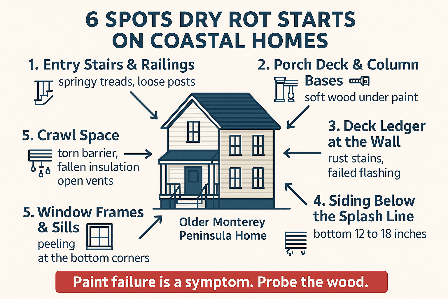 Infographic showing six spots where dry rot starts on older Monterey Peninsula homes