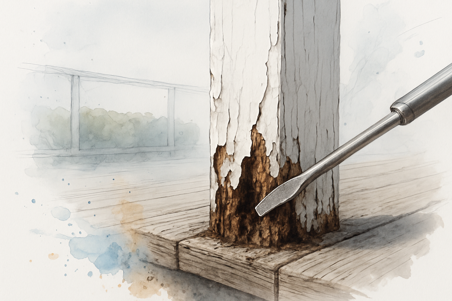 Soft, blistered base of a painted porch column on a foggy coastal home showing early dry rot damage