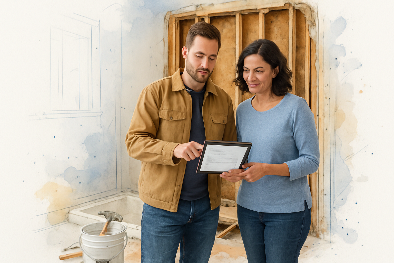Contractor and homeowner reviewing a line-item change order on a tablet inside a gutted bathroom