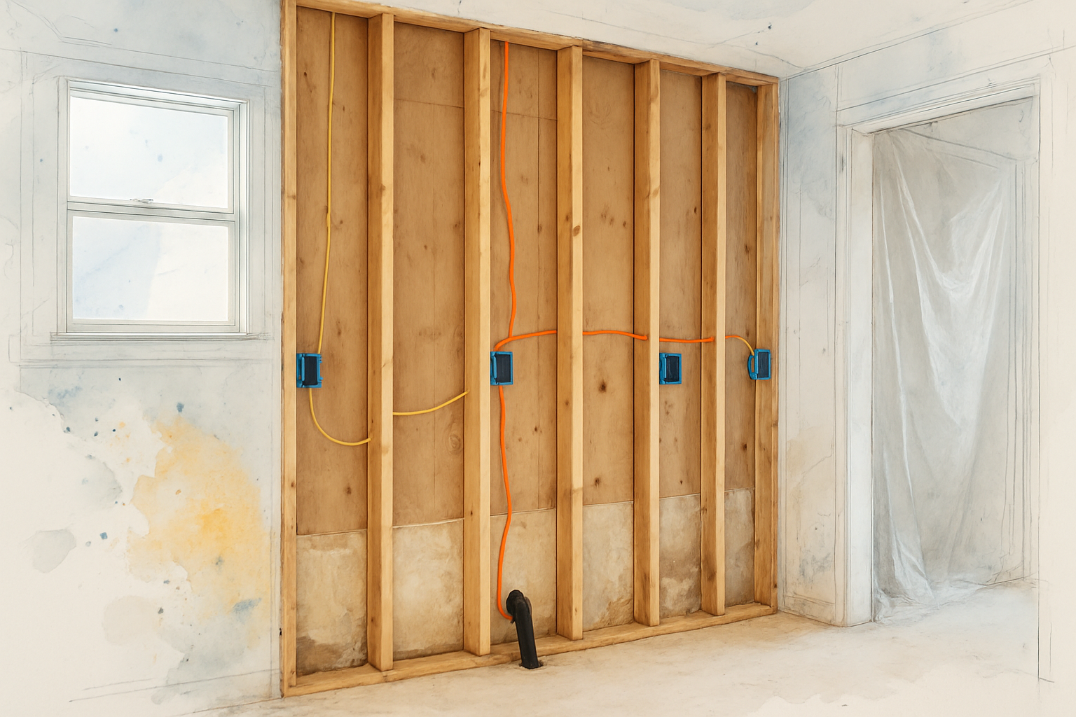 Exposed kitchen wall studs with new wiring runs and a heavy cable stub for an electric range