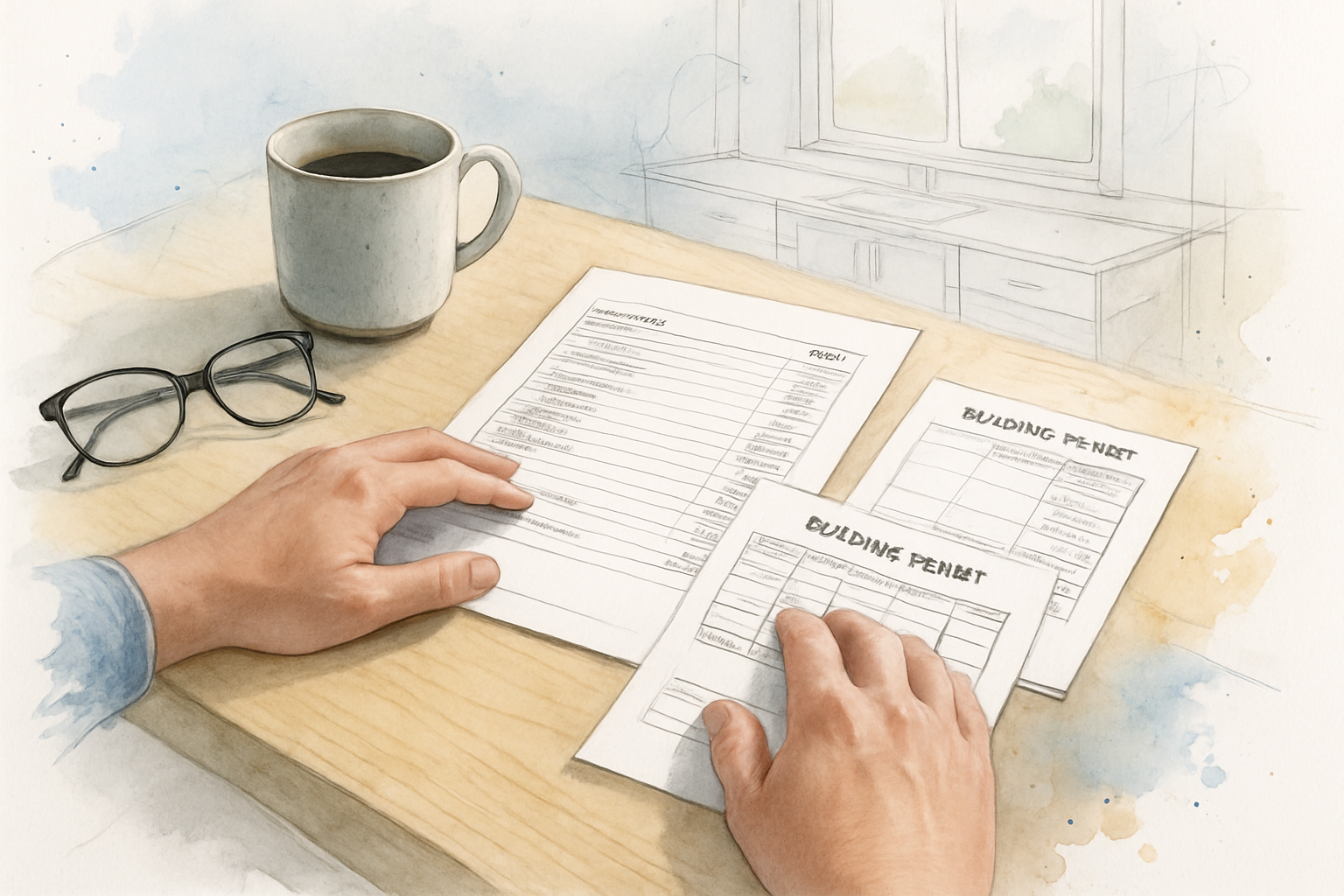 Homeowner reviewing an itemized remodel proposal, change order sheets, and a finaled building permit card