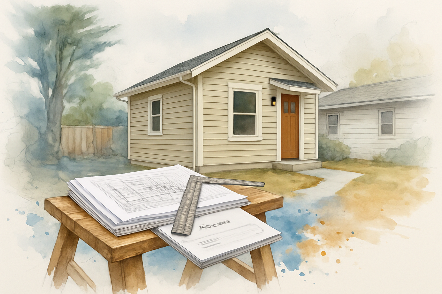New detached ADU behind an older Monterey home with permit drawings and a proposal binder on a sawhorse