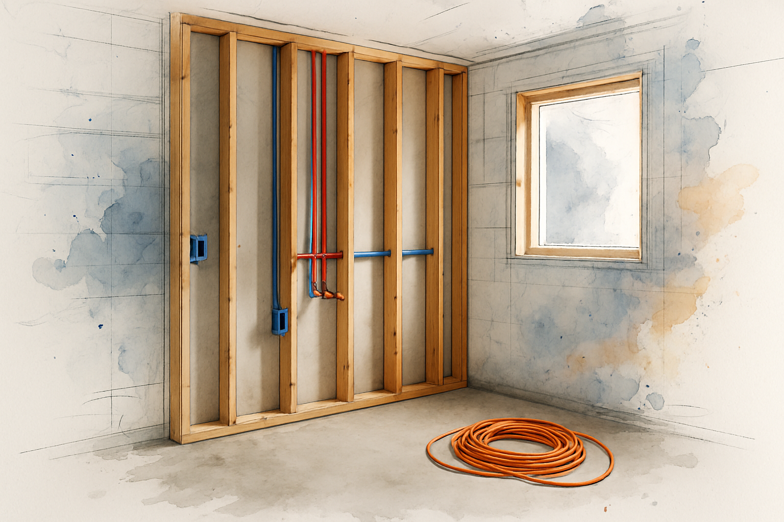 Plumbing and electrical rough-in inside stud bays of a garage conversion ADU with bare concrete slab