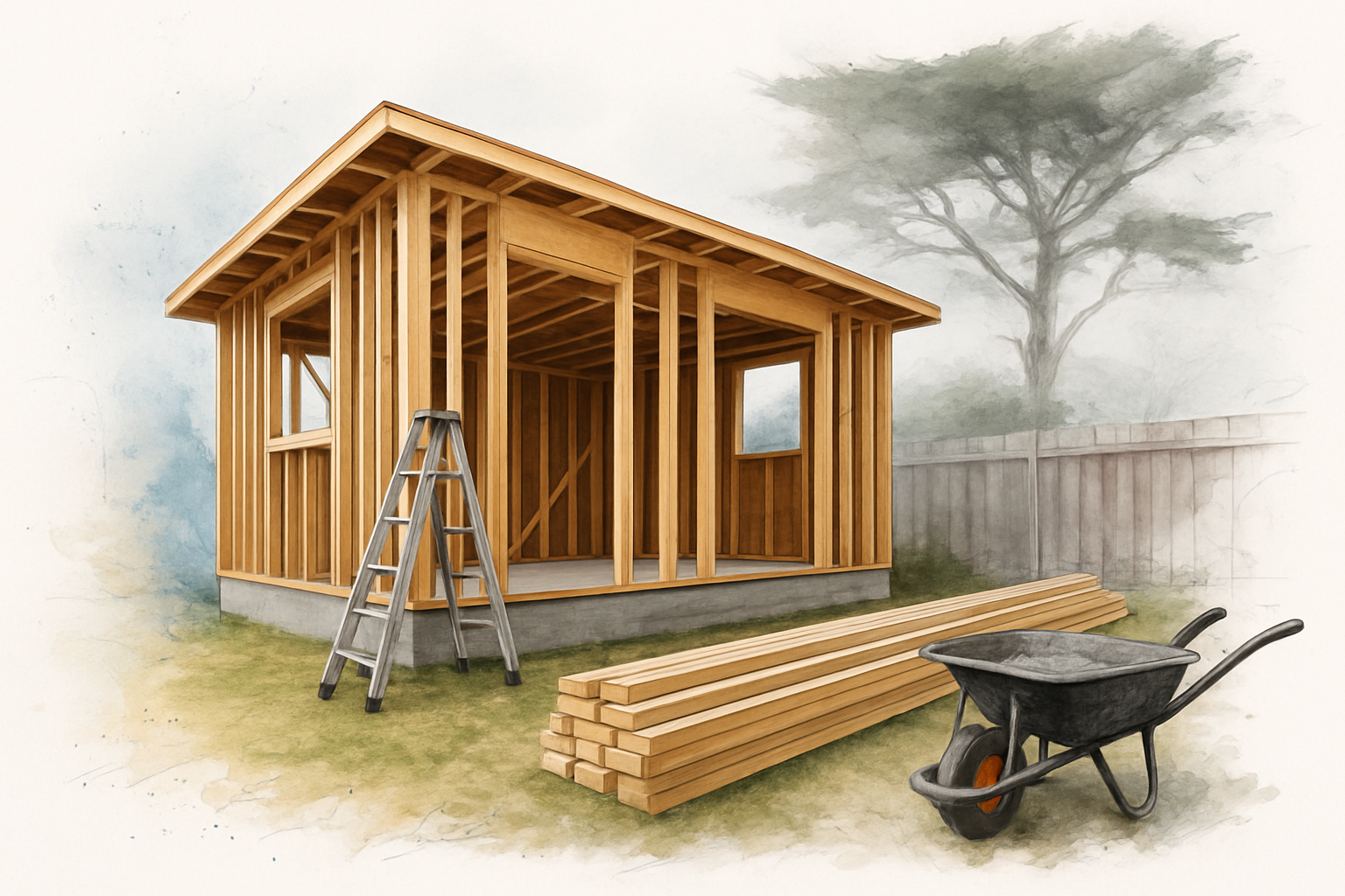 Detached ADU framed and partly sheathed in a foggy Monterey County backyard beside a cypress tree