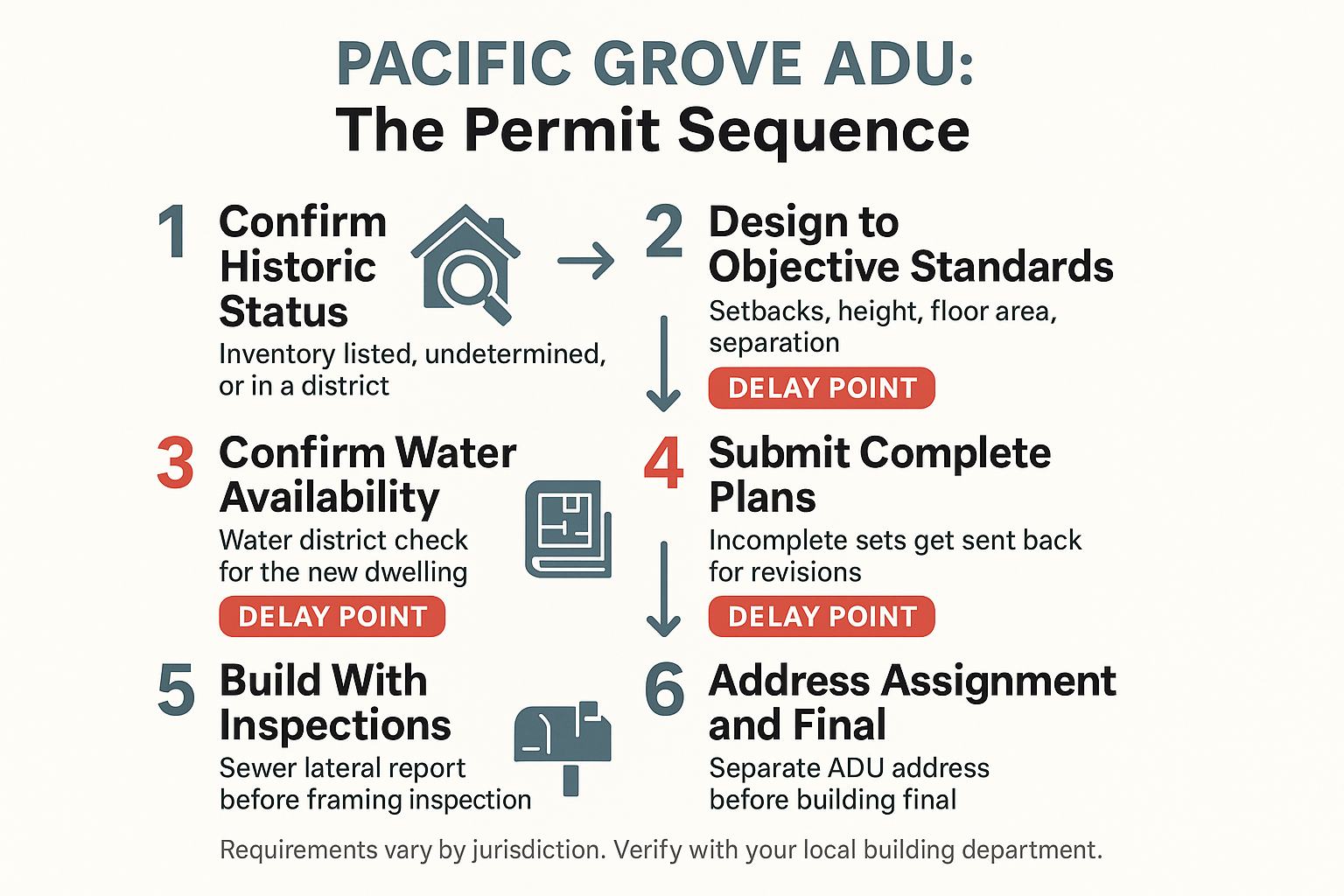 Infographic showing the six-step Pacific Grove ADU permit sequence and where delays occur