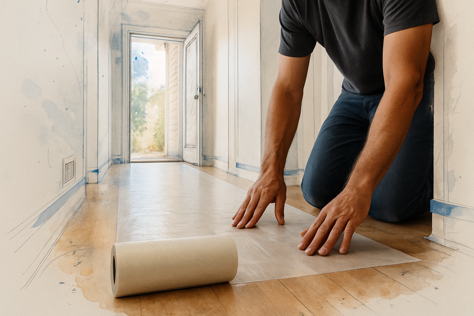 Worker laying floor protection film down a hallway toward a bathroom doorway sealed with plastic sheeting