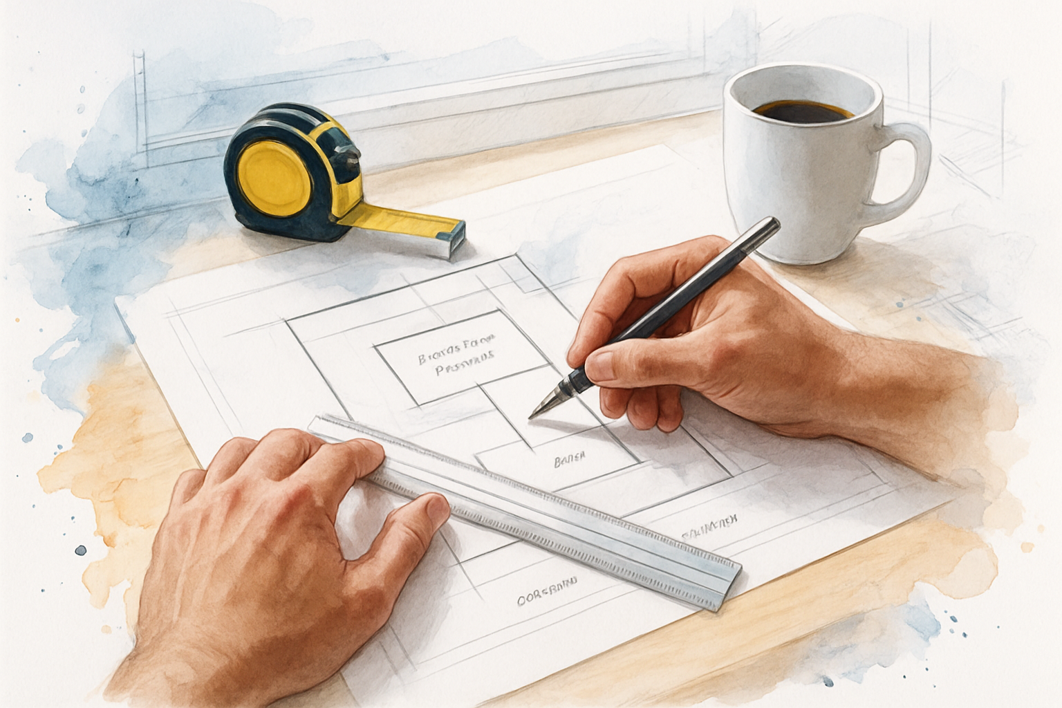 Drafter marking setbacks on a hand-drawn site plan showing a house and a proposed backyard ADU footprint