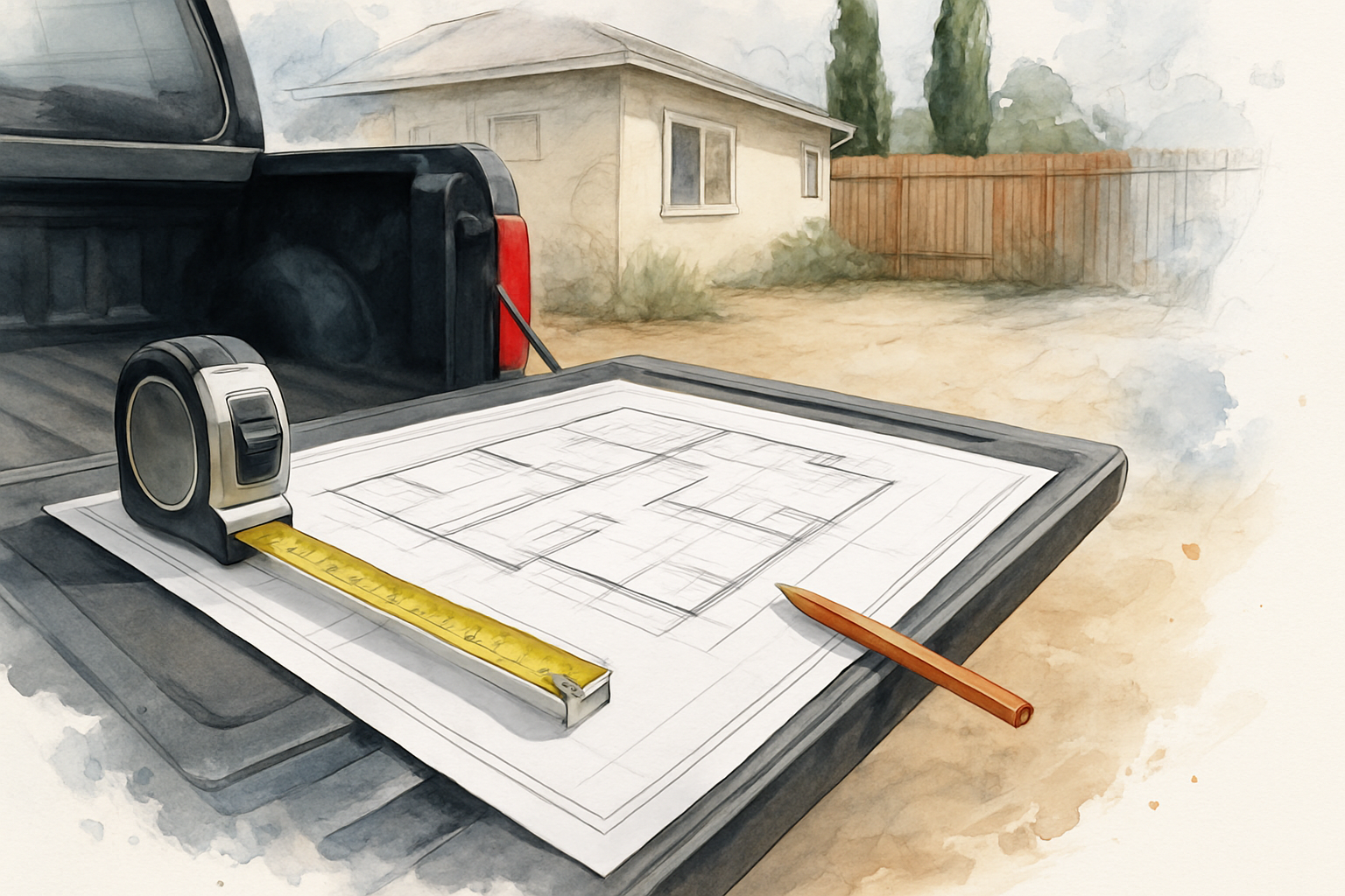 Unlabeled ADU floor plan drawings spread on a truck tailgate in a Monterey County backyard lot