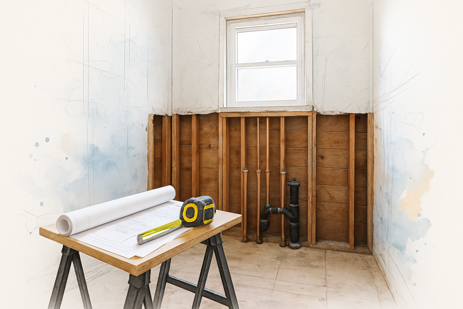 Gutted bathroom with capped copper stub-outs and floor plans on a sawhorse during a Monterey remodel
