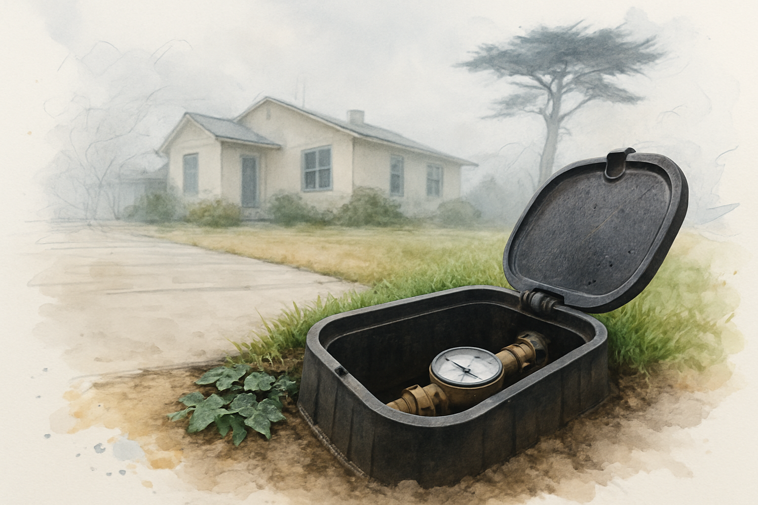 Open residential water meter box in the front yard of an older Monterey Peninsula home in morning fog