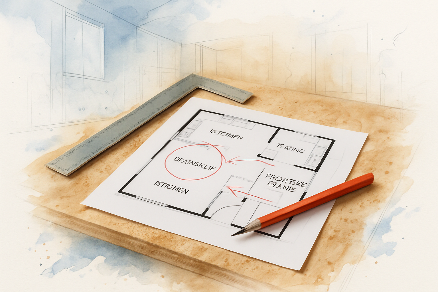 Marked-up kitchen floor plan on a plywood workbench showing a peninsula removal and proposed island location