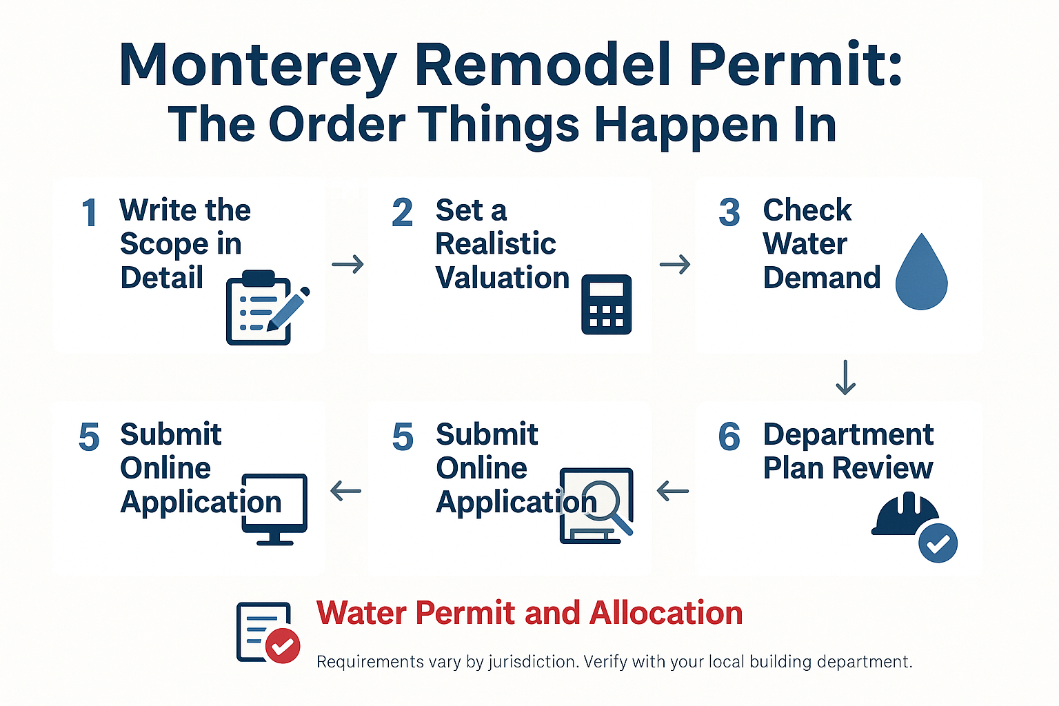 Infographic showing the seven-step order of a Monterey remodel permit from scope to inspections