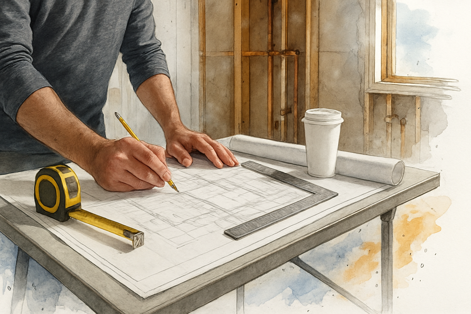 Contractor reviewing remodel floor plans on a worktable inside a gutted Monterey kitchen with exposed studs