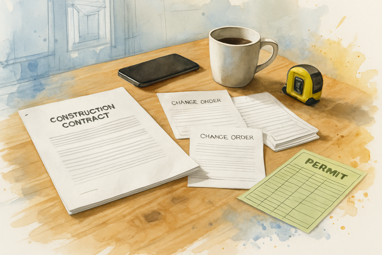 Contract, change orders, payment records and a permit card spread across a kitchen table during a stalled remodel