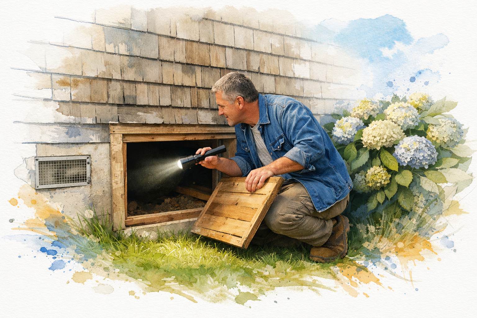 Homeowner shining a flashlight into an open crawl space hatch on the side of an older house