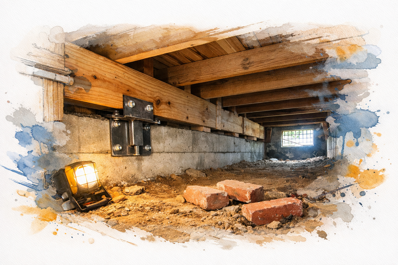 Crawl space under an older home showing short cripple walls, mudsill, and concrete perimeter foundation