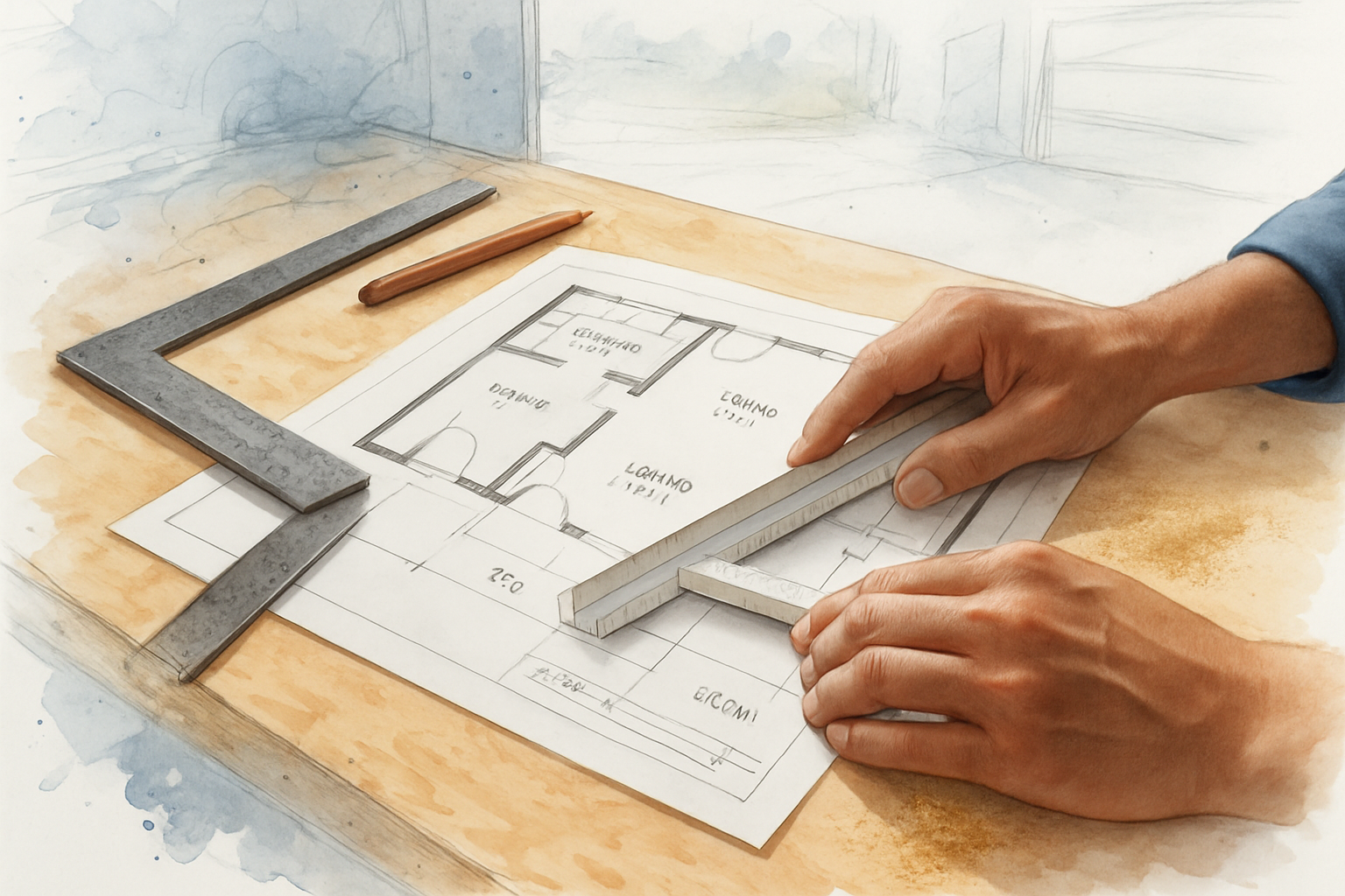 Hands measuring an ADU floor plan with a scale ruler on a plywood workbench