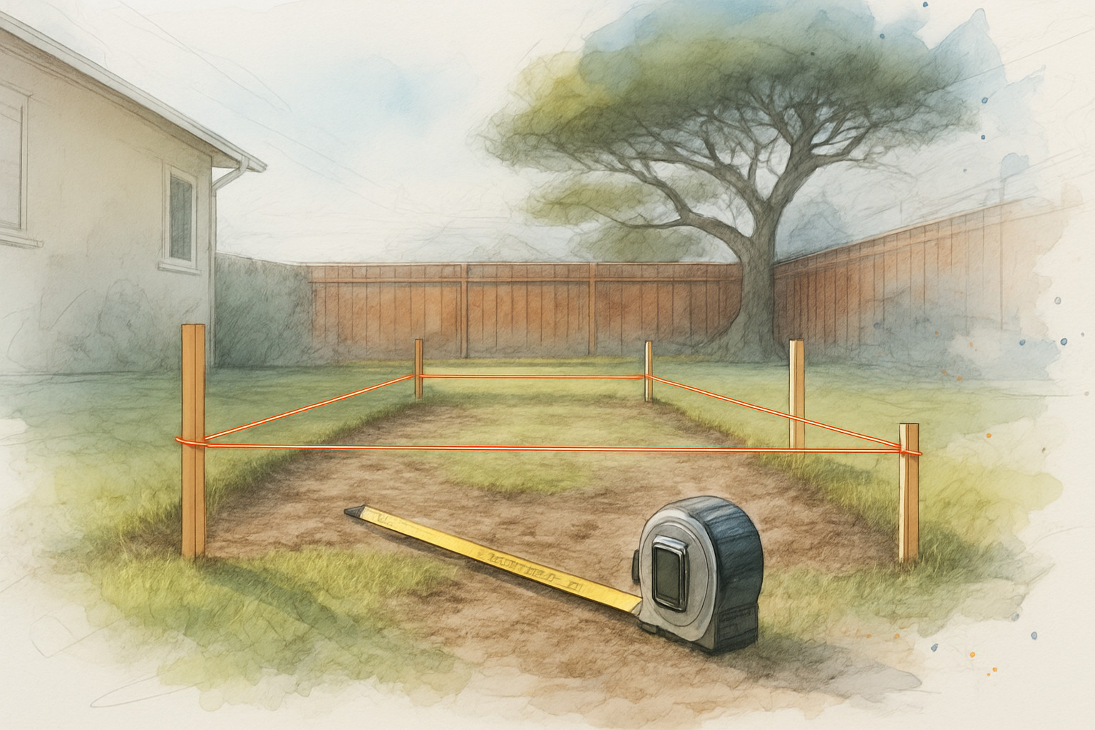 Stakes and string lines marking an ADU footprint in a Monterey County backyard with a tape measure on the ground