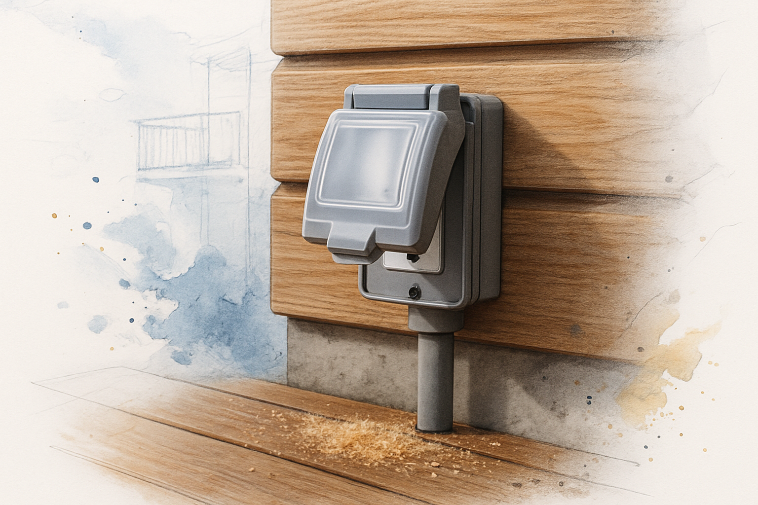 Weatherproof exterior GFCI outlet newly installed on cedar siding above a deck