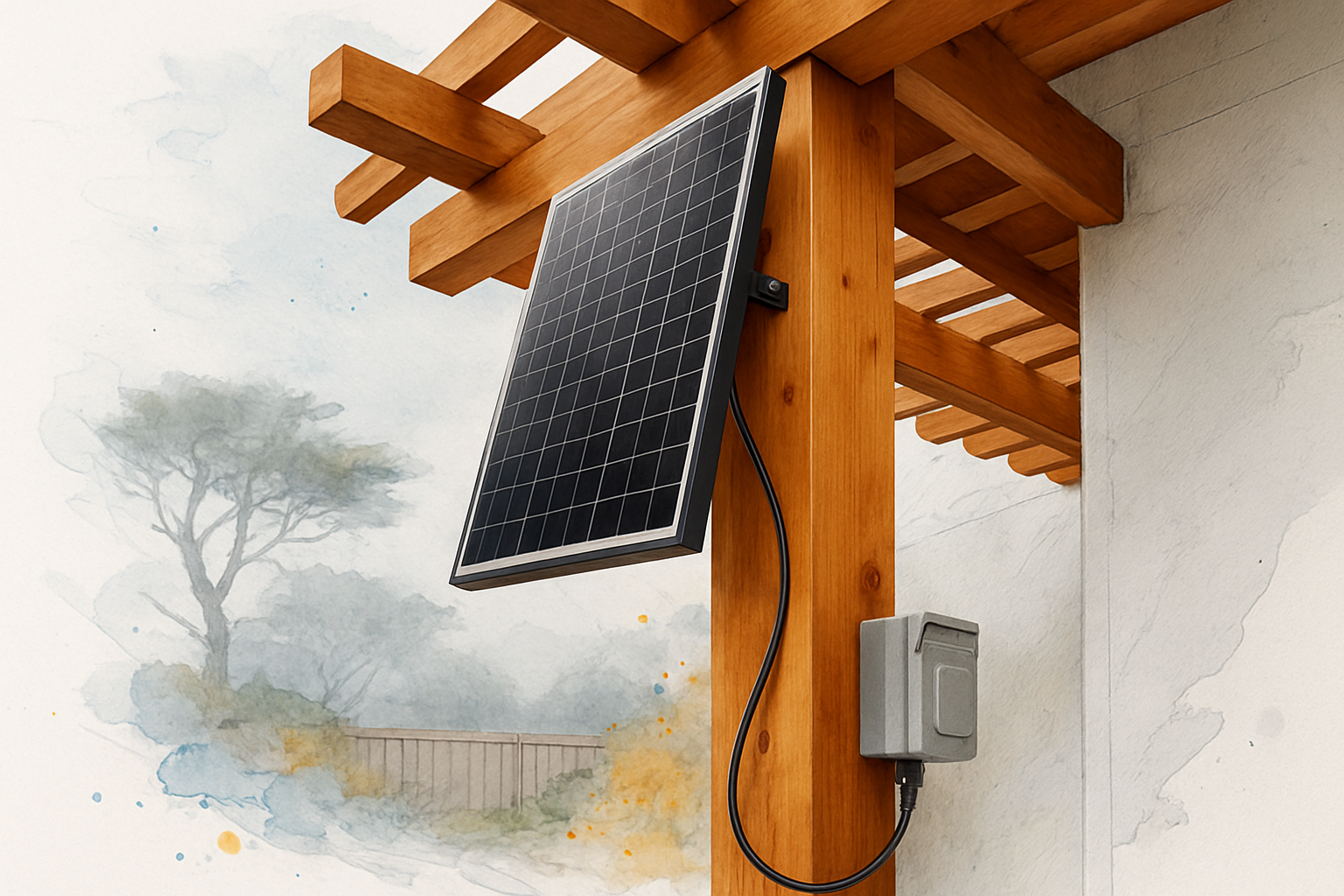 Portable plug-in solar panel mounted on a backyard pergola post with a cord running to an exterior outlet