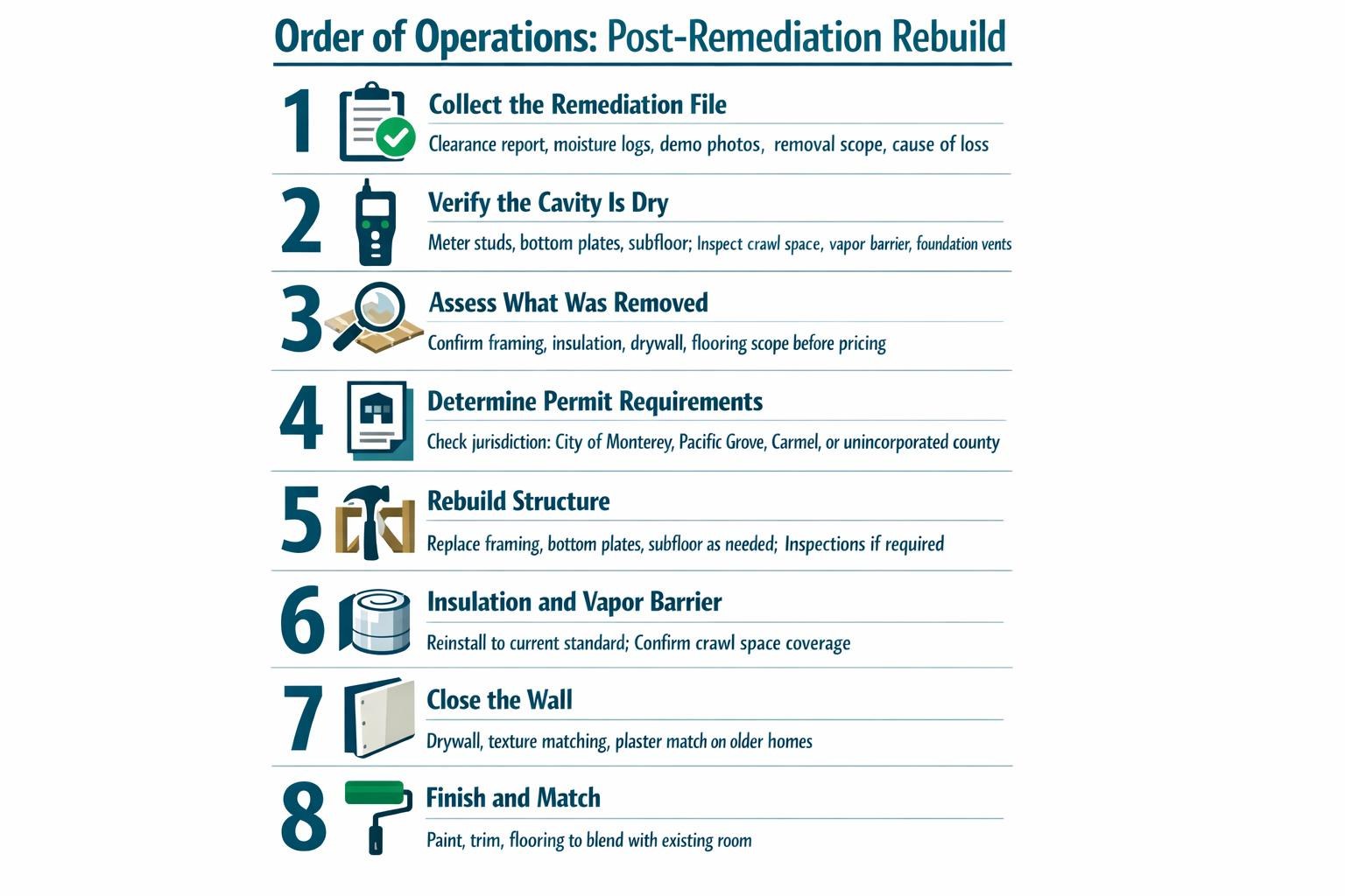 Infographic showing 8-step numbered flow for post-remediation rebuild order of operations from file collection to finish