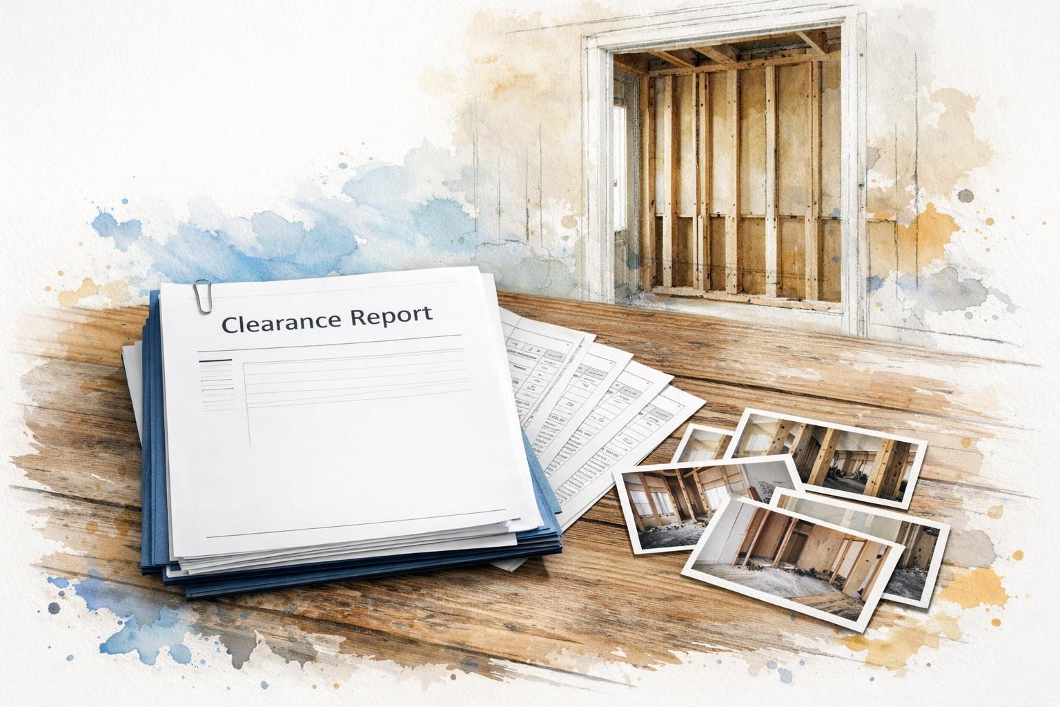 Post-remediation clearance report, moisture logs, and demolition photos stacked on a table near an open wall