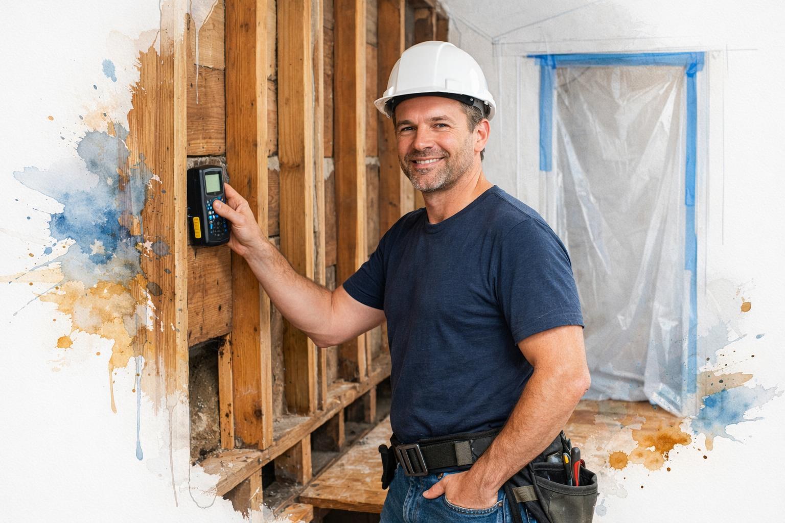 Contractor using a moisture meter on bare wall studs in a gutted Monterey home after mold remediation