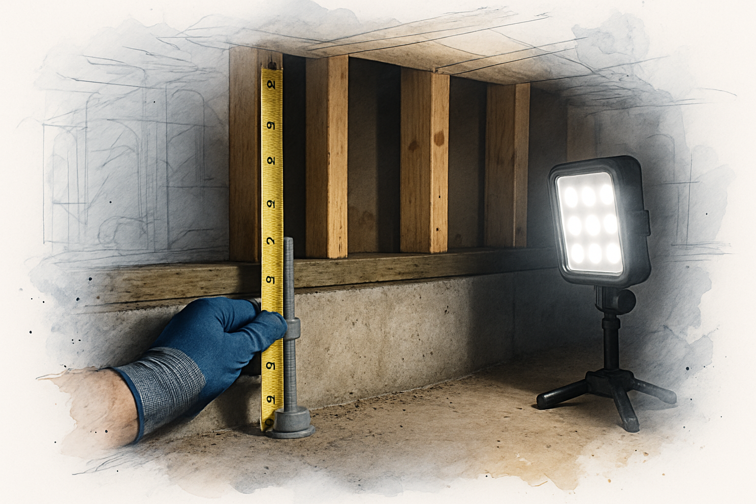Gloved hand measuring a foundation anchor bolt and sill plate in a crawl space under a Monterey home