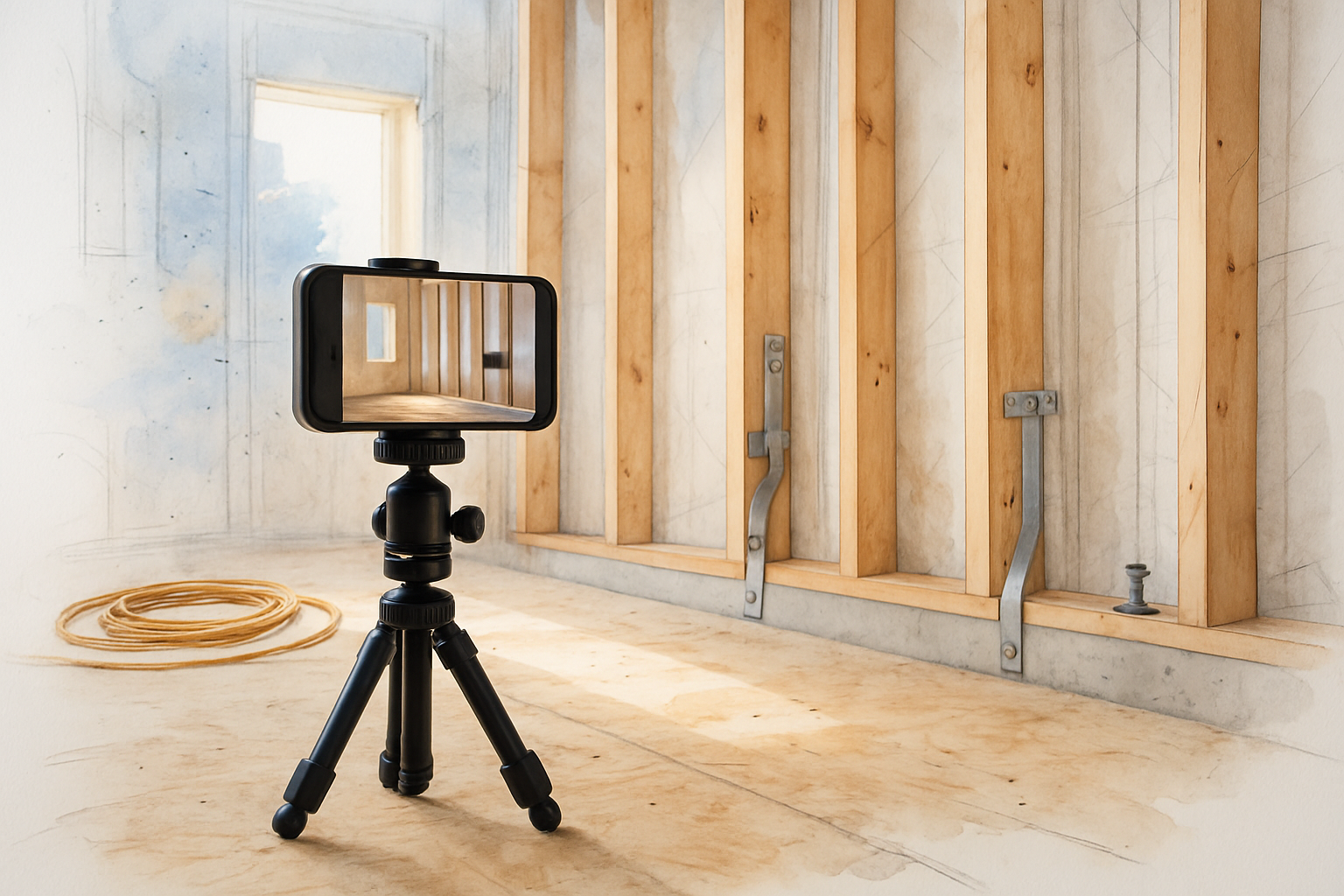 Phone on a tripod aimed at exposed framing and hold-down hardware during a remote building inspection