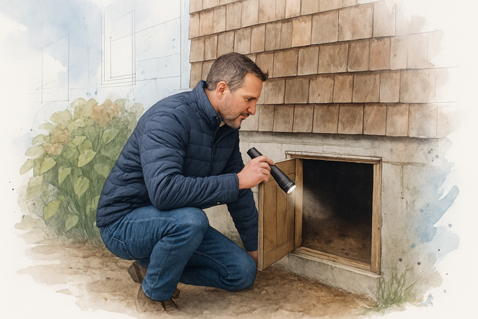 Homeowner shining a flashlight into a crawl space access hatch on an older Monterey Peninsula house