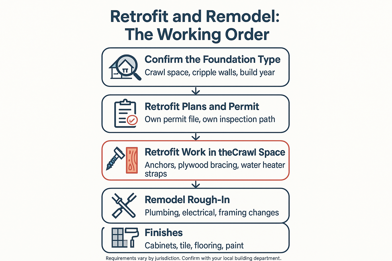 Infographic showing the five-step order from foundation check to retrofit to remodel rough-in and finishes