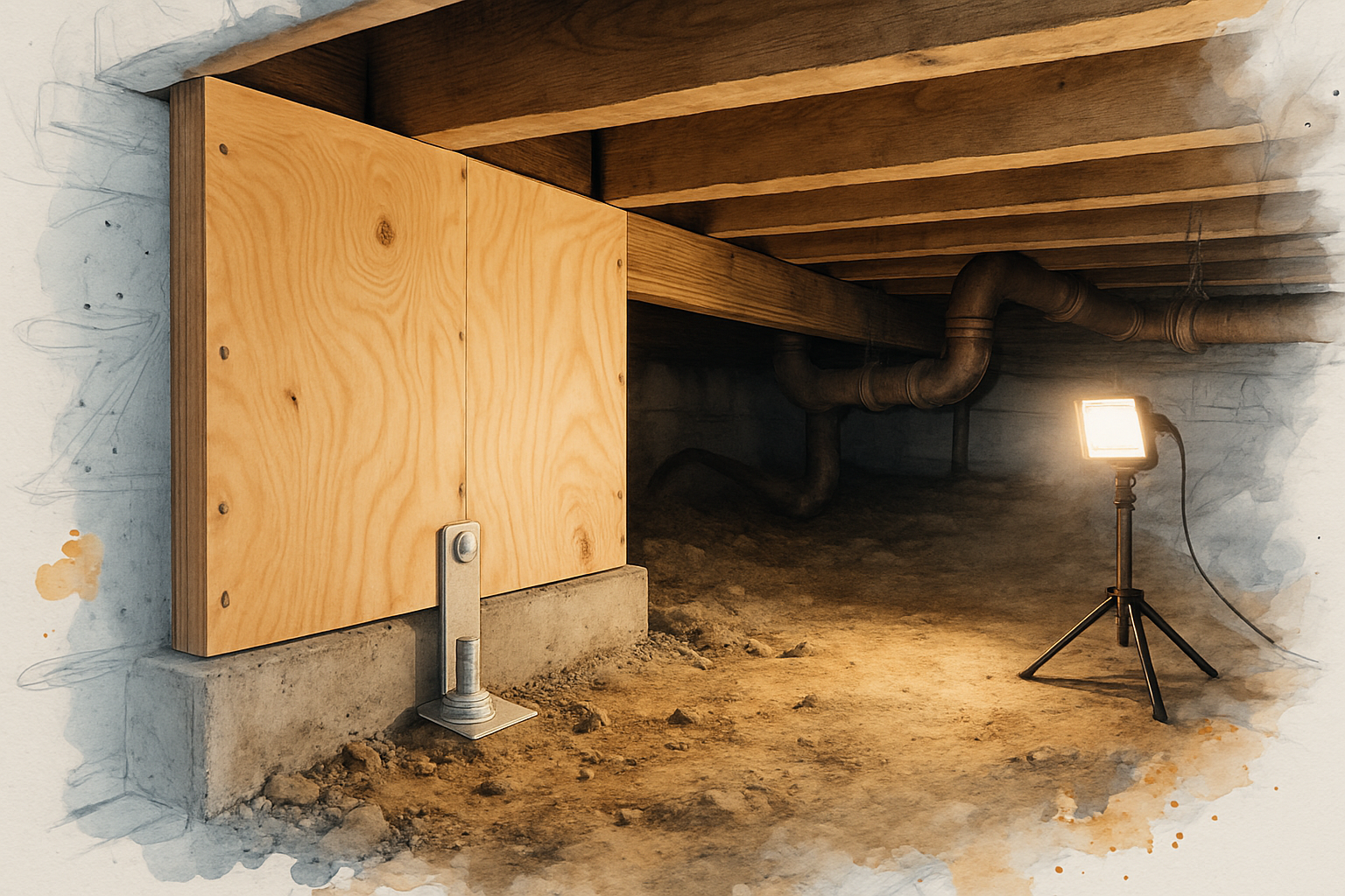 Crawl space of an older Monterey home with plywood and foundation anchors installed